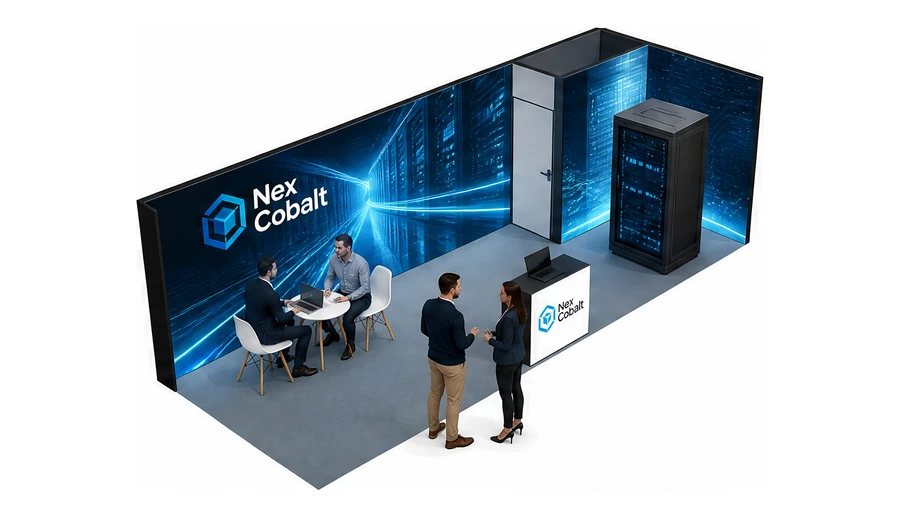 Stoisko 8 × 3 m narożne prawe dla branży infrastruktura IT i data center, przykładowa marka Nex Cobalt