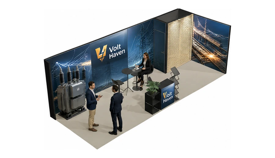 Stoisko 8 × 3 m narożne prawe dla branży energetyka i sieci, przykładowa marka Volt Haven