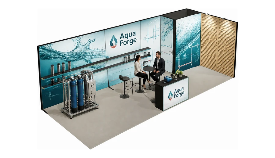 Stoisko 8 × 3 m narożne prawe dla branży technologie wodne, przykładowa marka Aqua Forge