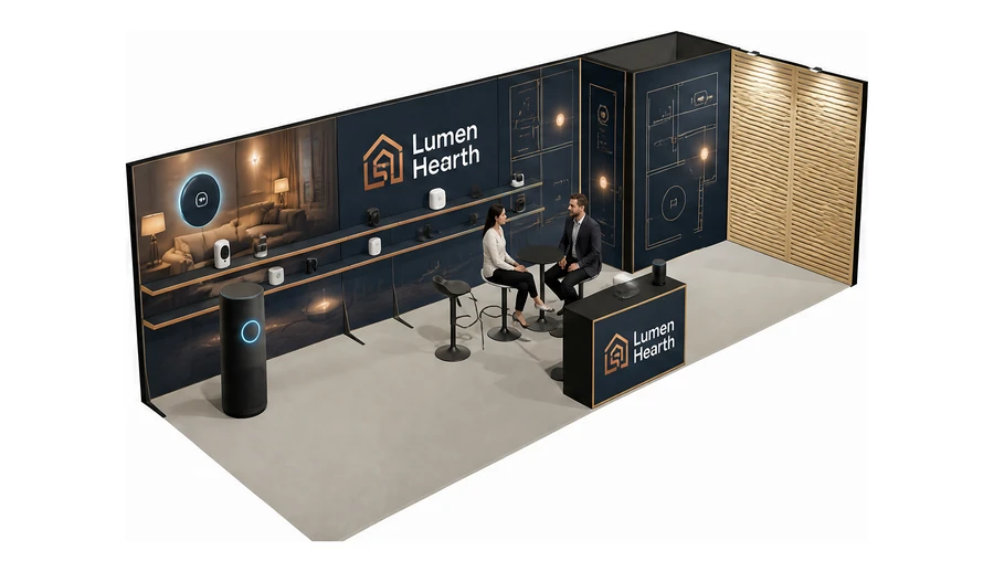 Stoisko 8 × 3 m narożne prawe dla branży smart home i IoT, przykładowa marka Lumen Hearth
