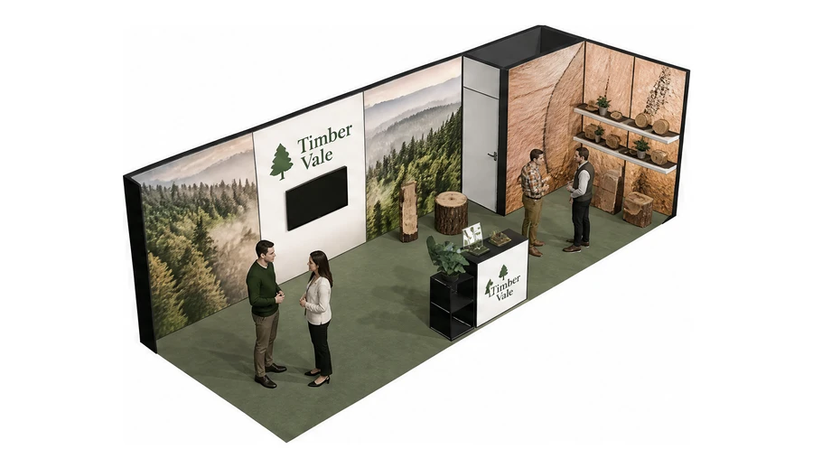 Stoisko 8 × 3 m narożne prawe dla branży leśnictwo i przemysł drzewny, przykładowa marka Timber Vale