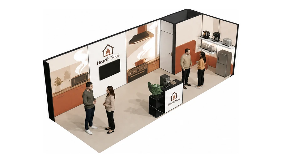 Stoisko 8 × 3 m narożne prawe dla branży sprzęt kuchenny i AGD, przykładowa marka Hearth Nook