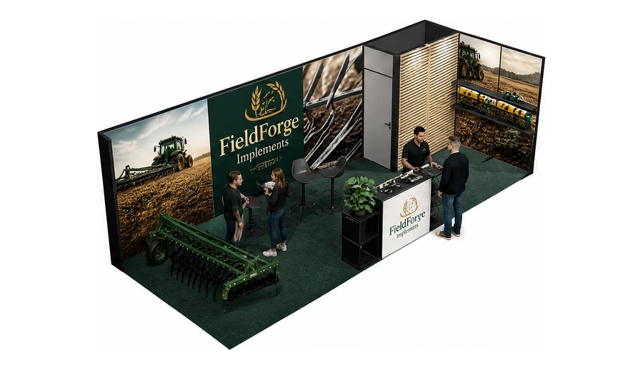 Stoisko 8 × 3 m narożne prawe dla branży maszyny rolnicze, przykładowa marka FieldForge Implements