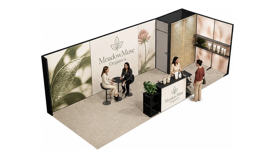 Stoisko 8 × 3 m narożne prawe dla branży kosmetyki naturalne, przykładowa marka MeadowMuse Organics