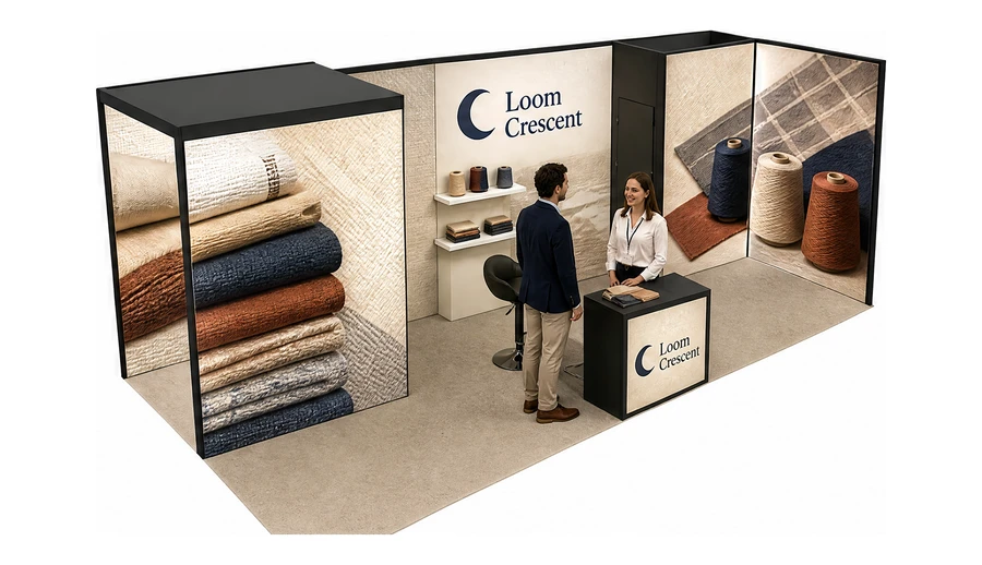 Stoisko 8 × 3 m narożne prawe dla branży tekstylia i tkaniny, przykładowa marka Loom Crescent