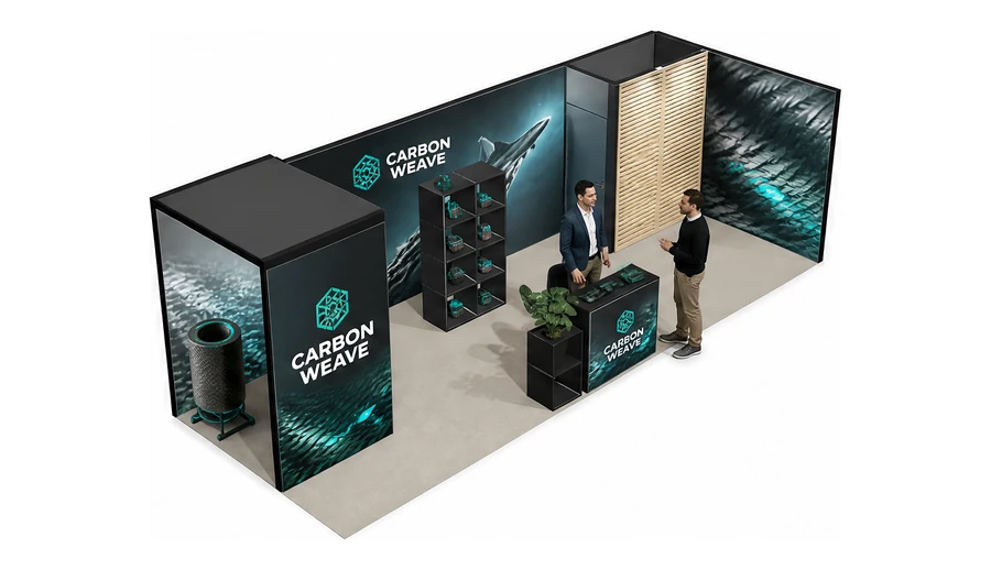 Stoisko 8 × 3 m narożne prawe dla branży materiały kompozytowe, przykładowa marka Carbon Weave