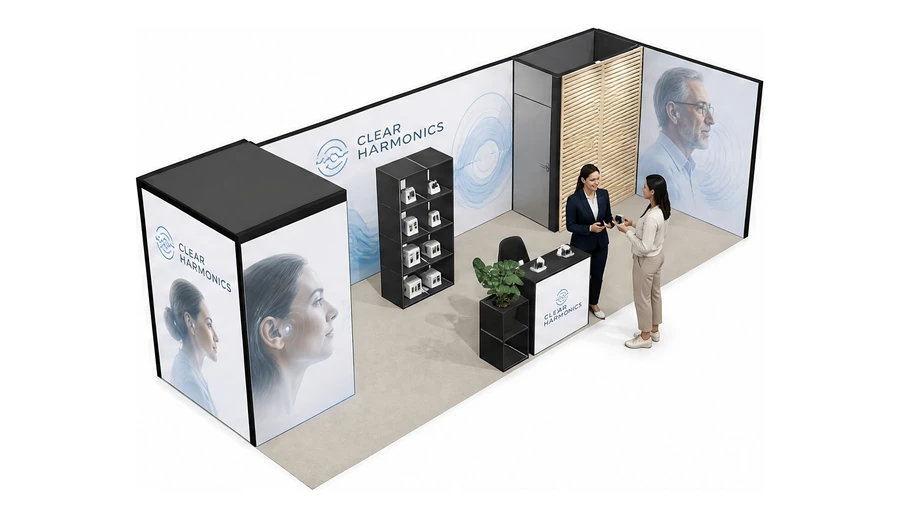 Stoisko 8 × 3 m narożne prawe dla branży optyka i audiologia, przykładowa marka Clear Harmonics