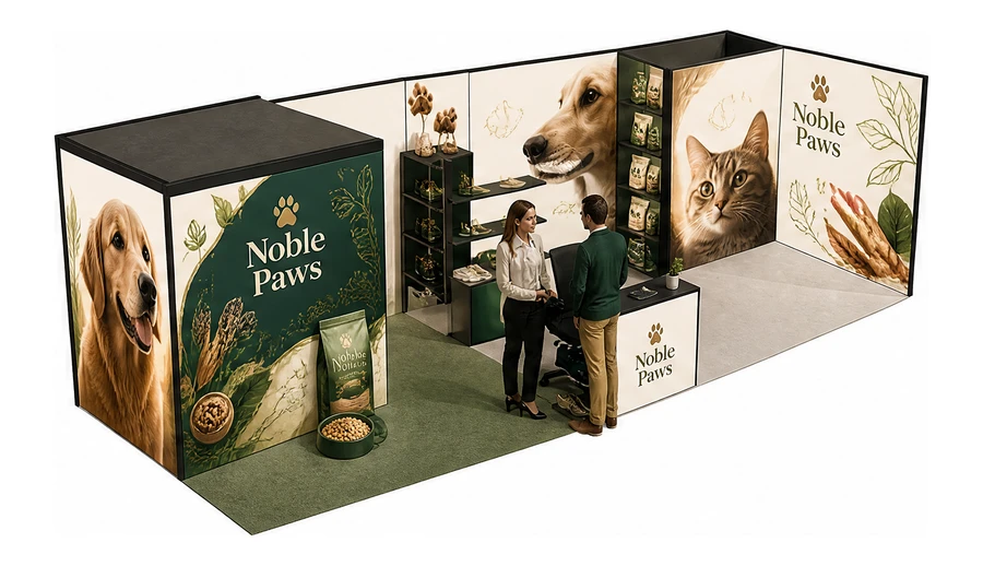 Stoisko 8 × 3 m narożne prawe dla branży karma dla zwierząt, przykładowa marka Noble Paws