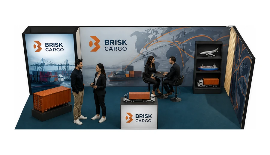 Stoisko 8 × 3 m narożne prawe dla branży logistyka i spedycja, przykładowa marka Brisk Cargo