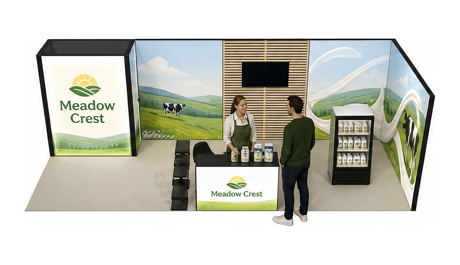 Stoisko 8 × 3 m narożne prawe dla branży nabiał i mleczarstwo, przykładowa marka Meadow Crest