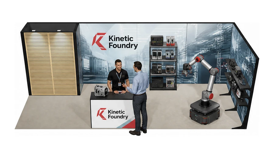 Stoisko 8 × 3 m narożne prawe dla branży automatyka przemysłowa, przykładowa marka Kinetic Foundry