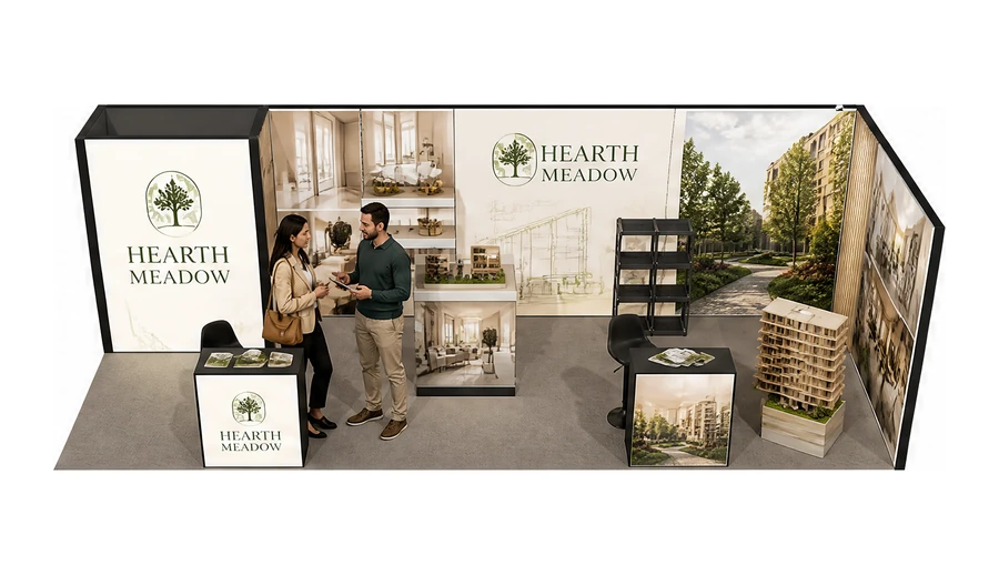 Stoisko 8 × 3 m narożne prawe dla branży deweloperzy i nieruchomości, przykładowa marka Hearth Meadow