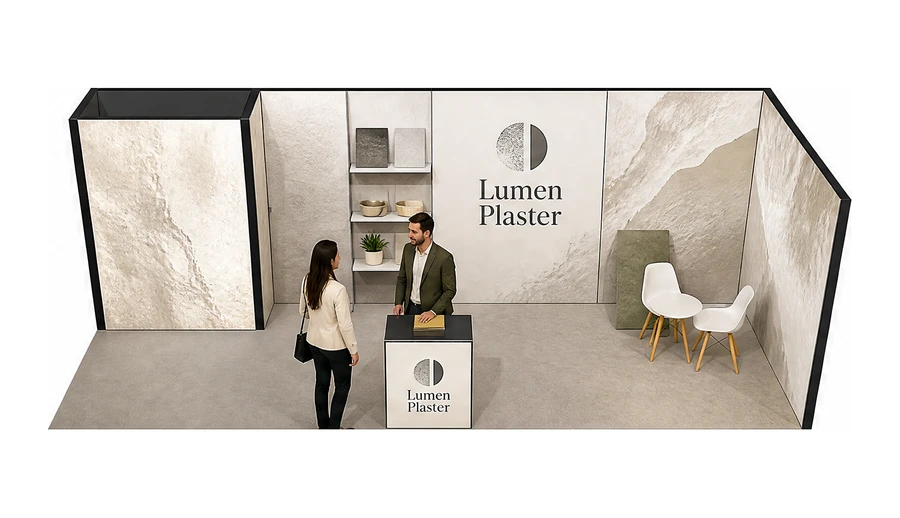 Stoisko 8 × 3 m narożne prawe dla branży wykończenie wnętrz, przykładowa marka Lumen Plaster