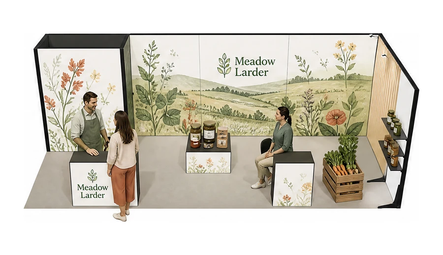 Stoisko 8 × 3 m narożne prawe dla branży żywność ekologiczna, przykładowa marka Meadow Larder