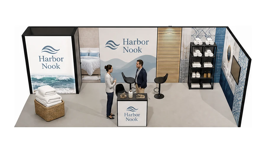 Stoisko 8 × 3 m narożne prawe dla branży wyposażenie hoteli, przykładowa marka Harbor Nook