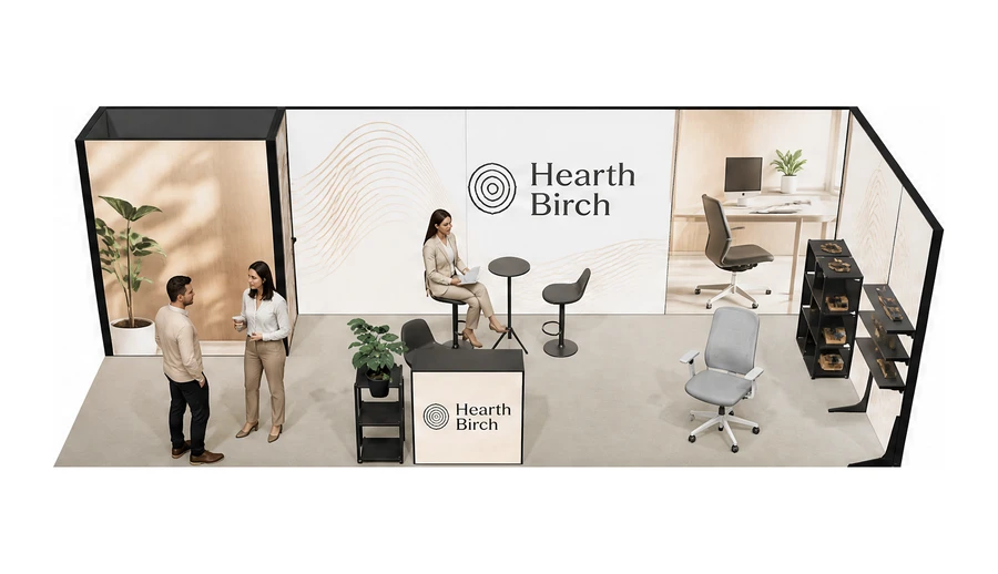 Stoisko 8 × 3 m narożne prawe dla branży meble biurowe, przykładowa marka Hearth Birch