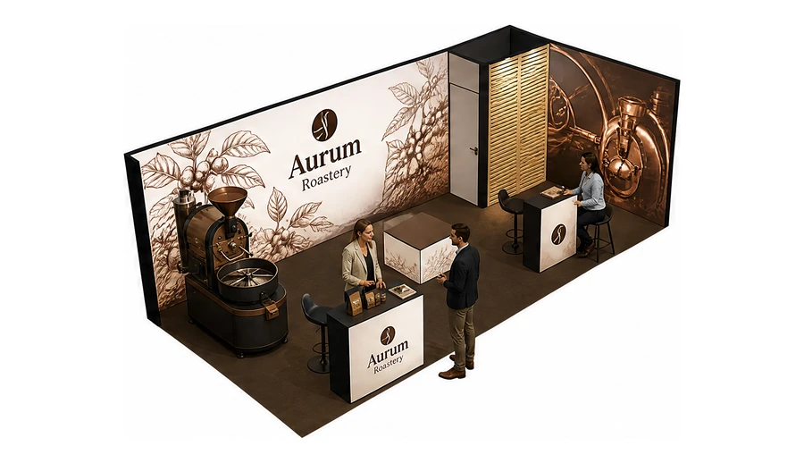 Stoisko 8 × 3 m narożne prawe dla branży palarnia kawy, przykładowa marka Aurum Roastery