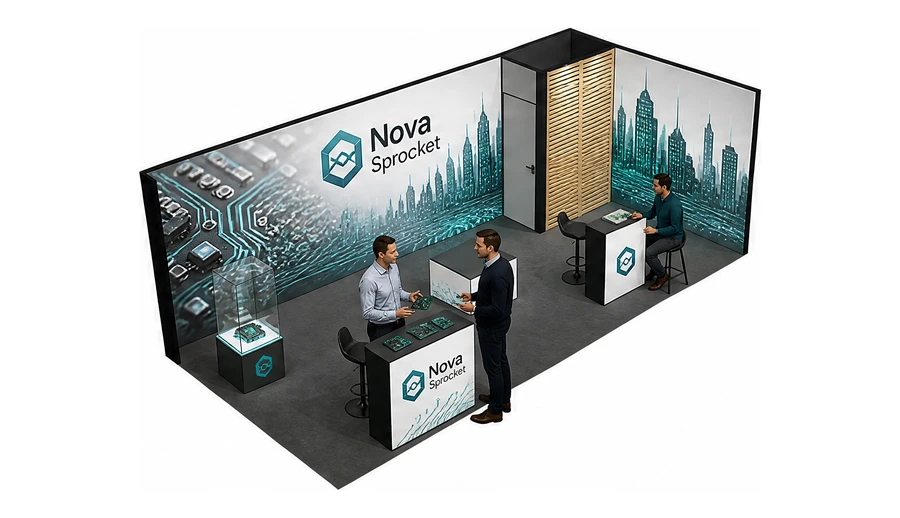 Stoisko 8 × 3 m narożne prawe dla branży komponenty elektroniczne, przykładowa marka Nova Sprocket