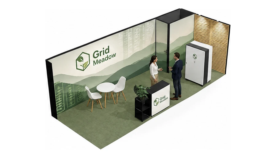 Stoisko 8 × 3 m narożne prawe dla branży magazyny energii, przykładowa marka Grid Meadow