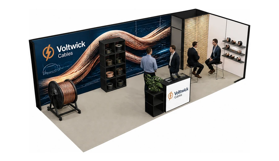 Stoisko 8 × 3 m narożne prawe dla branży kable i elektrotechnika, przykładowa marka Voltwick Cables