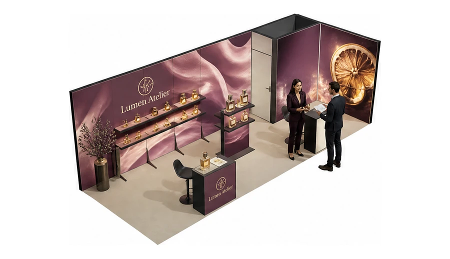 Stoisko 8 × 3 m narożne prawe dla branży perfumy, przykładowa marka Lumen Atelier