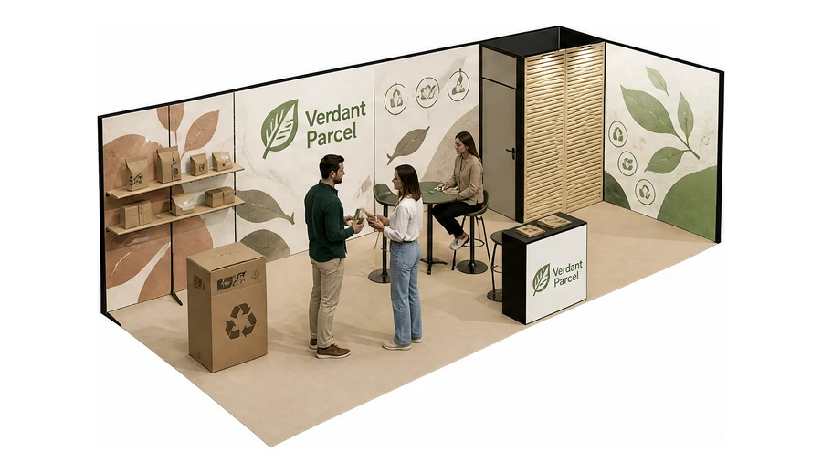 Stoisko 8 × 3 m narożne prawe dla branży opakowania ekologiczne, przykładowa marka Verdant Parcel