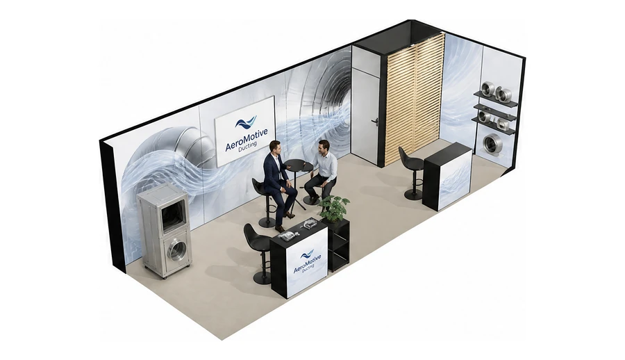Stoisko 8 × 3 m narożne prawe dla branży wentylacja i klimatyzacja, przykładowa marka AeroMotive Ducting