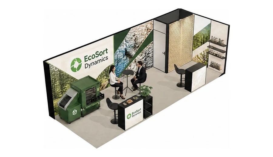 Stoisko 8 × 3 m narożne prawe dla branży recykling i ochrona środowiska, przykładowa marka EcoSort Dynamics