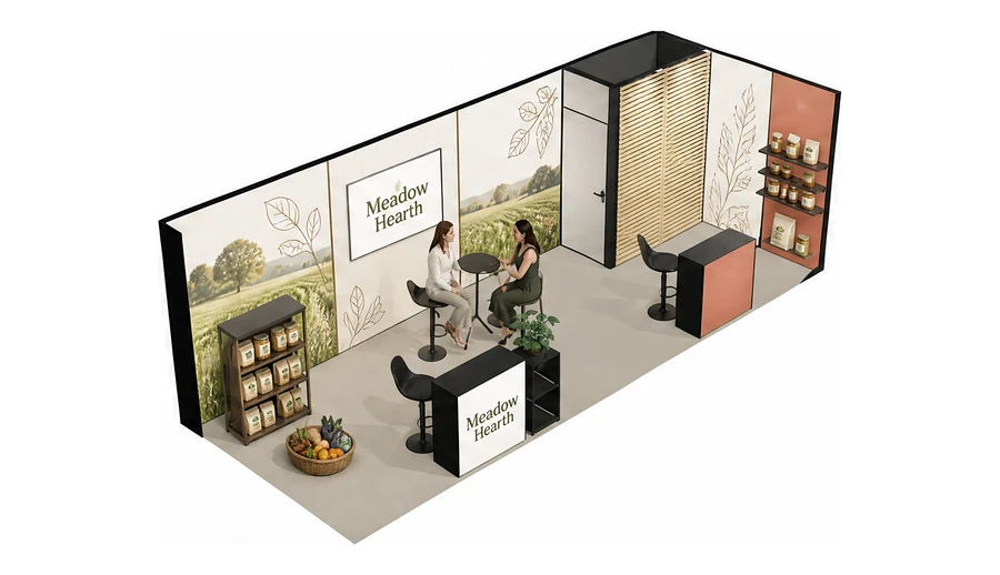 Stoisko 8 × 3 m narożne prawe dla branży żywność ekologiczna, przykładowa marka Meadow Hearth