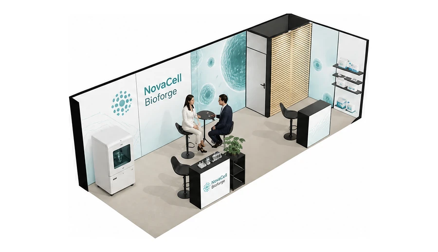 Stoisko 8 × 3 m narożne prawe dla branży farmacja i biotechnologia, przykładowa marka NovaCell Bioforge
