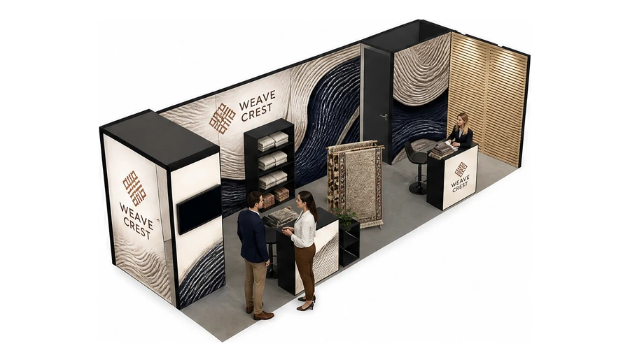 Stoisko 8 × 3 m narożne prawe dla branży tekstylia i tkaniny, przykładowa marka Weave Crest