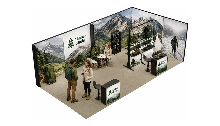 Stoisko 8 × 4 m narożne prawe dla branży odzież i sprzęt outdoorowy, przykładowa marka Timber Glade
