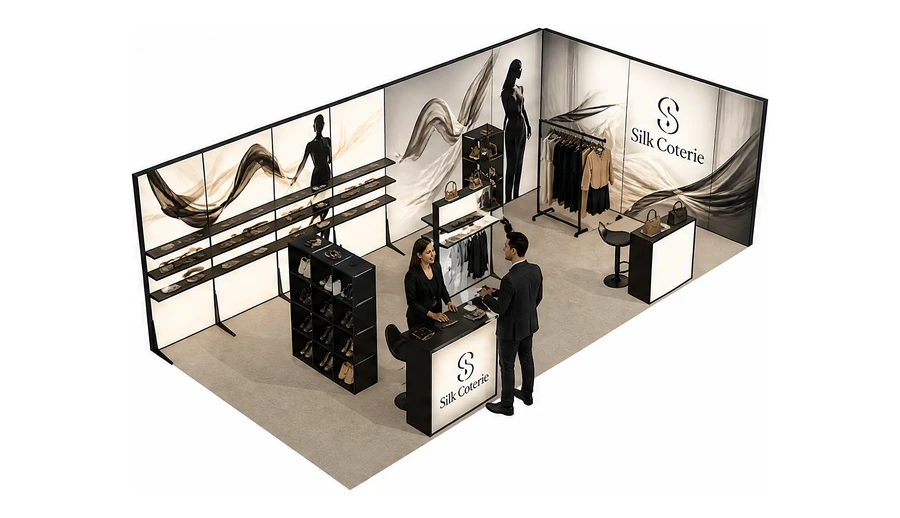 Stoisko 8 × 4 m narożne prawe dla branży odzież i moda, przykładowa marka Silk Coterie