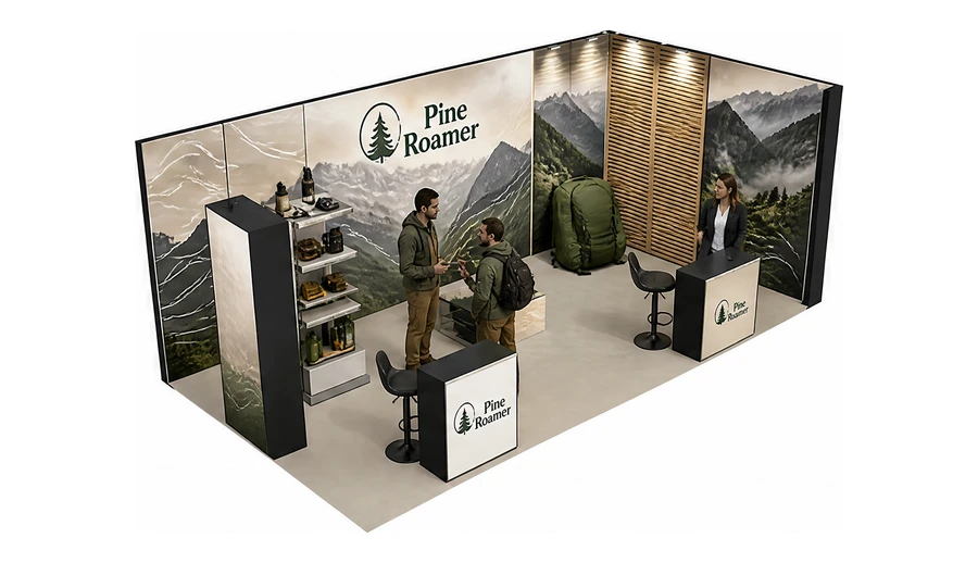 Stoisko 8 × 4 m narożne prawe dla branży odzież i sprzęt outdoorowy, przykładowa marka Pine Roamer