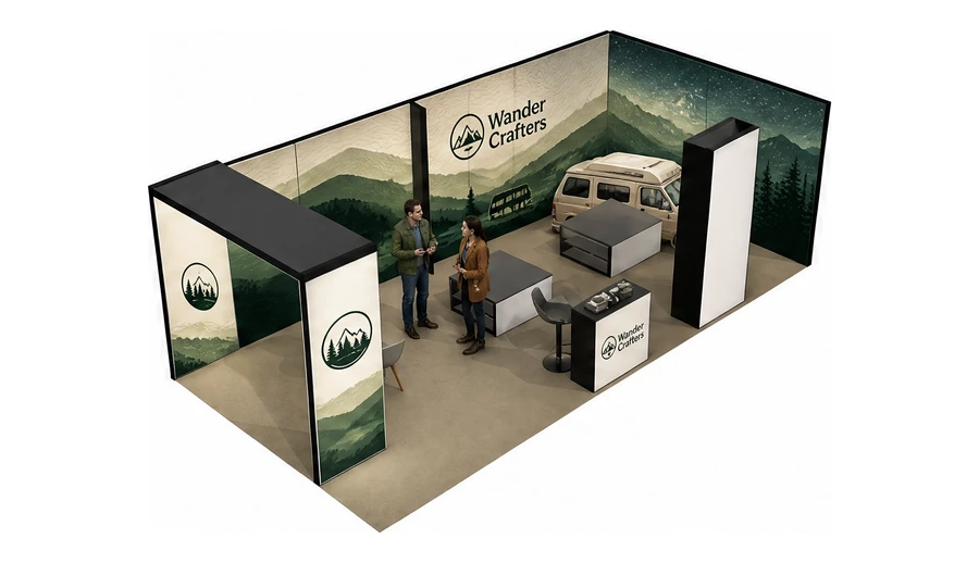 Stoisko 8 × 4 m narożne prawe dla branży caravaning i kampery, przykładowa marka Wander Crafters