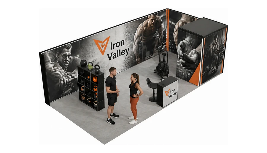 Stoisko 8 × 4 m narożne prawe dla branży fitness i siłownie, przykładowa marka Iron Valley