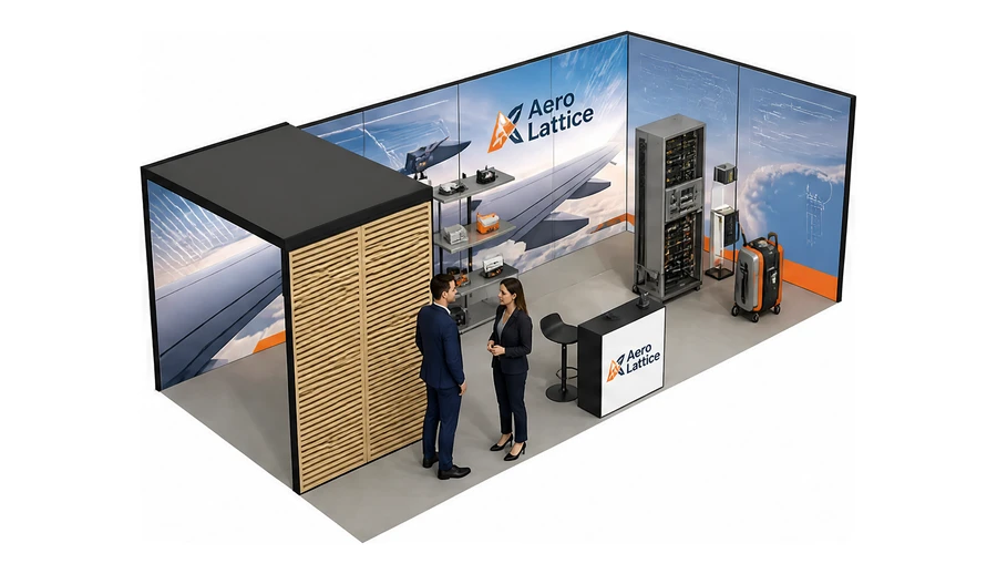 Stoisko 8 × 4 m narożne prawe dla branży lotnictwo, przykładowa marka Aero Lattice