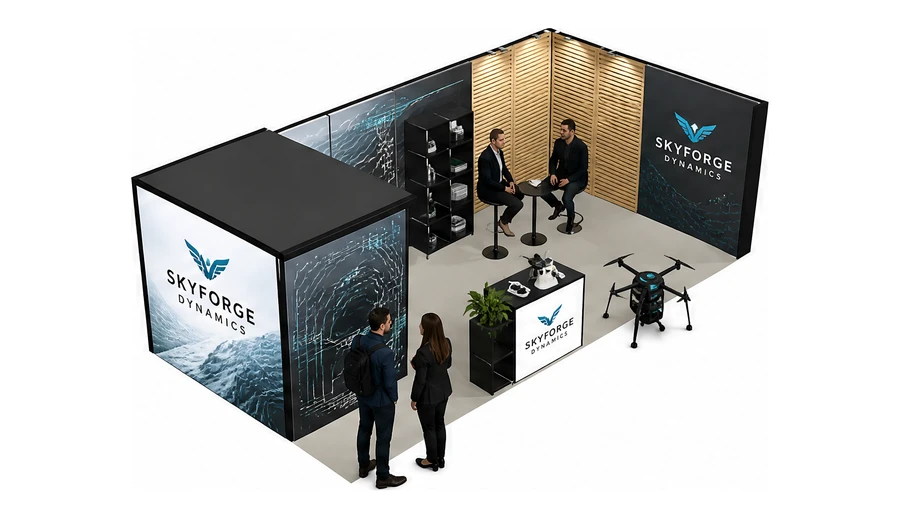 Stoisko 8 × 4 m narożne prawe dla branży drony i robotyka, przykładowa marka Skyforge Dynamics