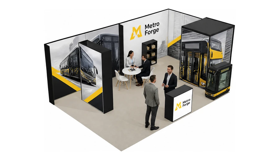 Stoisko 8 × 4 m narożne prawe dla branży autobusy i transport zbiorowy, przykładowa marka Metro Forge