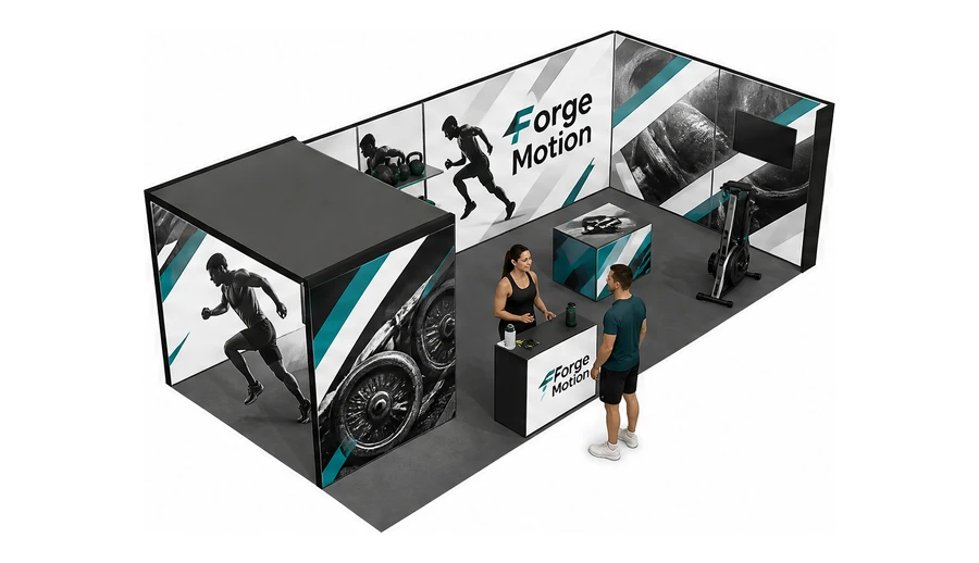 Stoisko 8 × 4 m narożne prawe dla branży fitness i siłownie, przykładowa marka Forge Motion