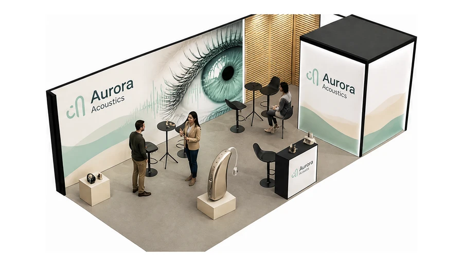 Stoisko 8 × 4 m narożne prawe dla branży optyka i audiologia, przykładowa marka Aurora Acoustics