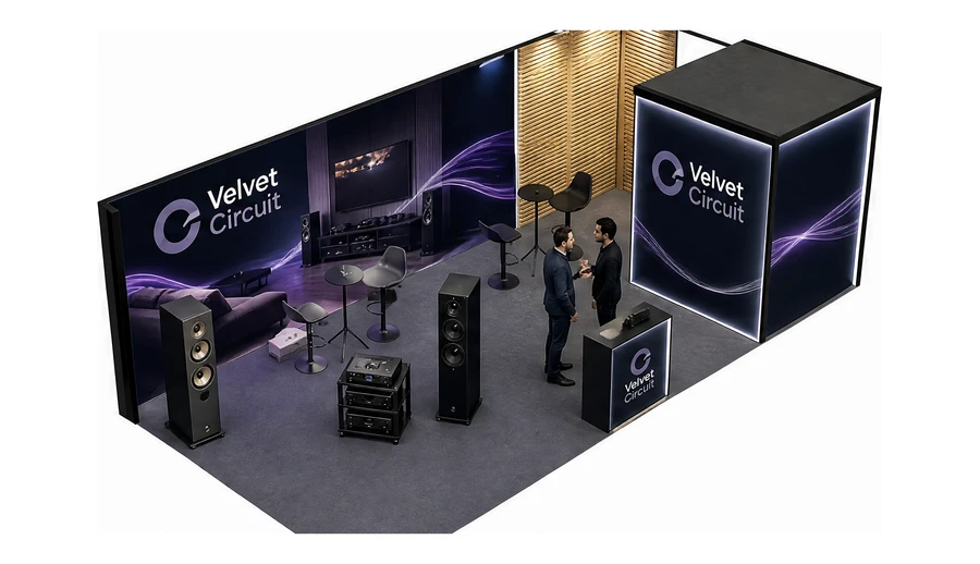 Stoisko 8 × 4 m narożne prawe dla branży sprzęt audio-video, przykładowa marka Velvet Circuit