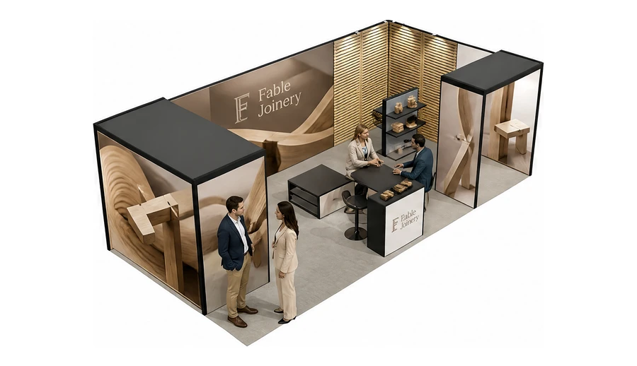 Stoisko 8 × 4 m narożne prawe dla branży meble designerskie, przykładowa marka Fable Joinery