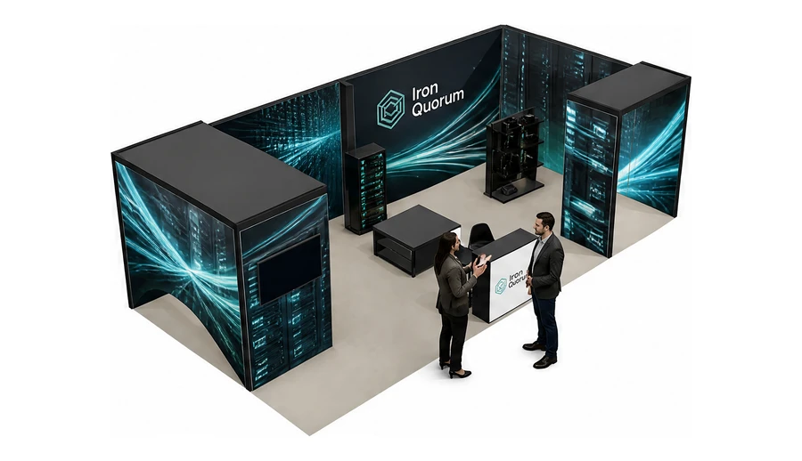 Stoisko 8 × 4 m narożne prawe dla branży infrastruktura IT i data center, przykładowa marka Iron Quorum
