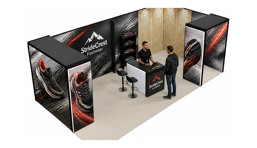 Stoisko 8 × 4 m narożne prawe dla branży obuwie, przykładowa marka StrideCrest Footwear