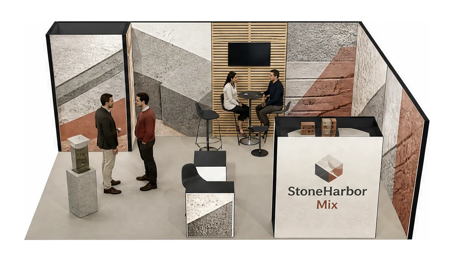 Stoisko 8 × 4 m narożne prawe dla branży materiały budowlane, przykładowa marka StoneHarbor Mix