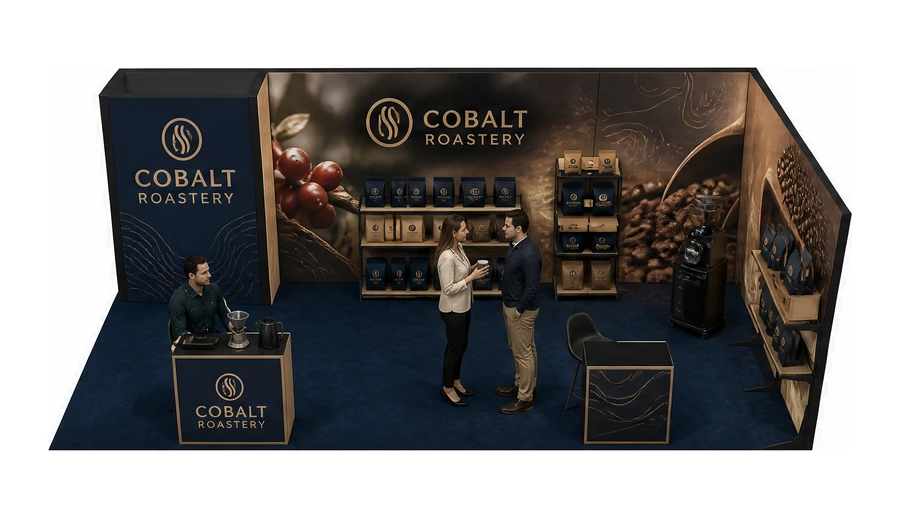 Stoisko 8 × 4 m narożne prawe dla branży palarnia kawy, przykładowa marka Cobalt Roastery