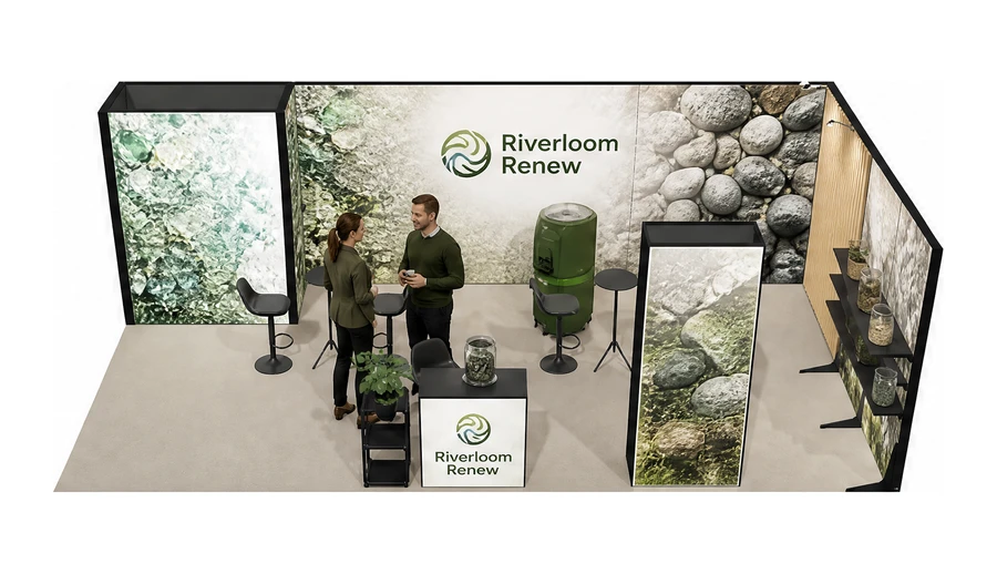 Stoisko 8 × 4 m narożne prawe dla branży recykling i ochrona środowiska, przykładowa marka Riverloom Renew
