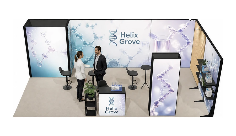 Stoisko 8 × 4 m narożne prawe dla branży farmacja i biotechnologia, przykładowa marka Helix Grove