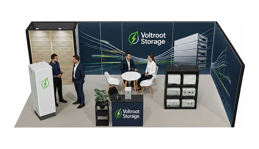 Stoisko 8 × 4 m narożne prawe dla branży magazyny energii, przykładowa marka Voltroot Storage